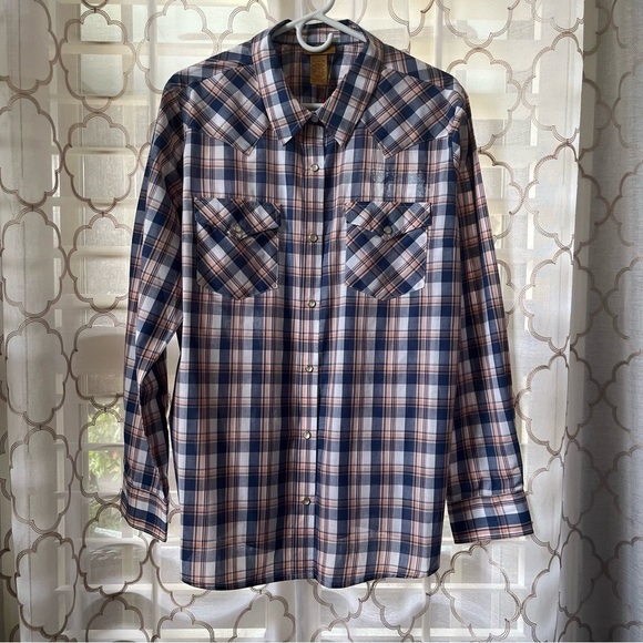 Wrangler Tops - Women's Wrangler Essential Western Anthem Blue Plaid Long Sleeve Shirt Size XL
